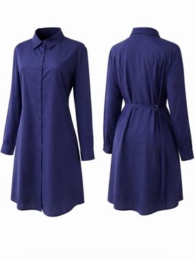 Norma Kamali Navy Blue Long-Sleeve Career Shirt Dress w/ Adjustable Belt Sz XXL